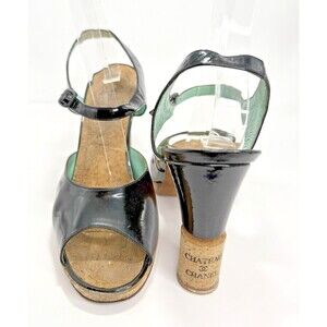 Chanel "Chateau Chanel" Wine Cork Heel Pumps Black Patent w Blue Accent Sz 37.5